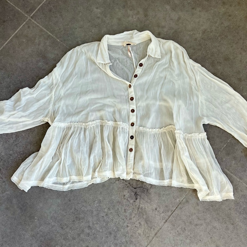 Free People A True Beauty Button up Gauze Babydoll Shirt Top Sz Small White